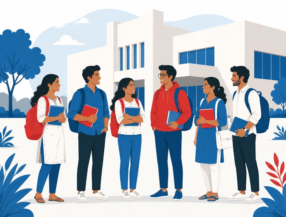 Kenz Academy students with books outside the institute