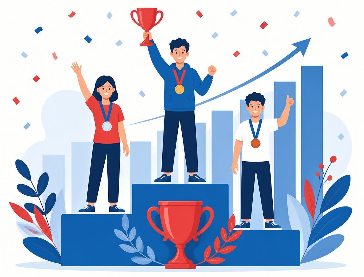 Illustration of students celebrating on a winners podium
